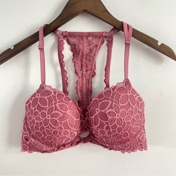 PINK Victoria’s Secret | Date Racerback Lace Push-Up Bra Pink Mauve Purple Front - Picture 2 of 7